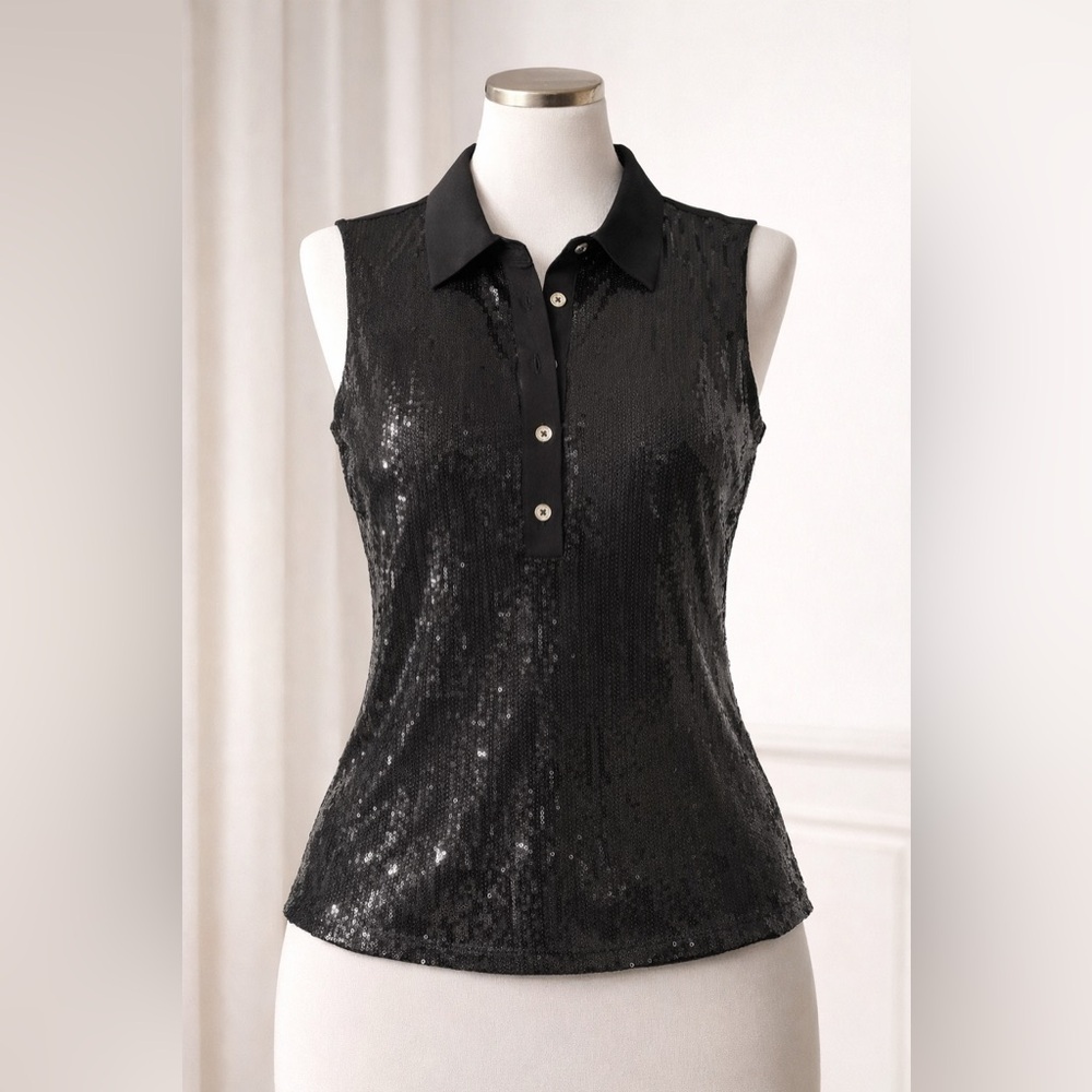 Tommy Hilfiger Black Sleeveless Sequin Polo Top